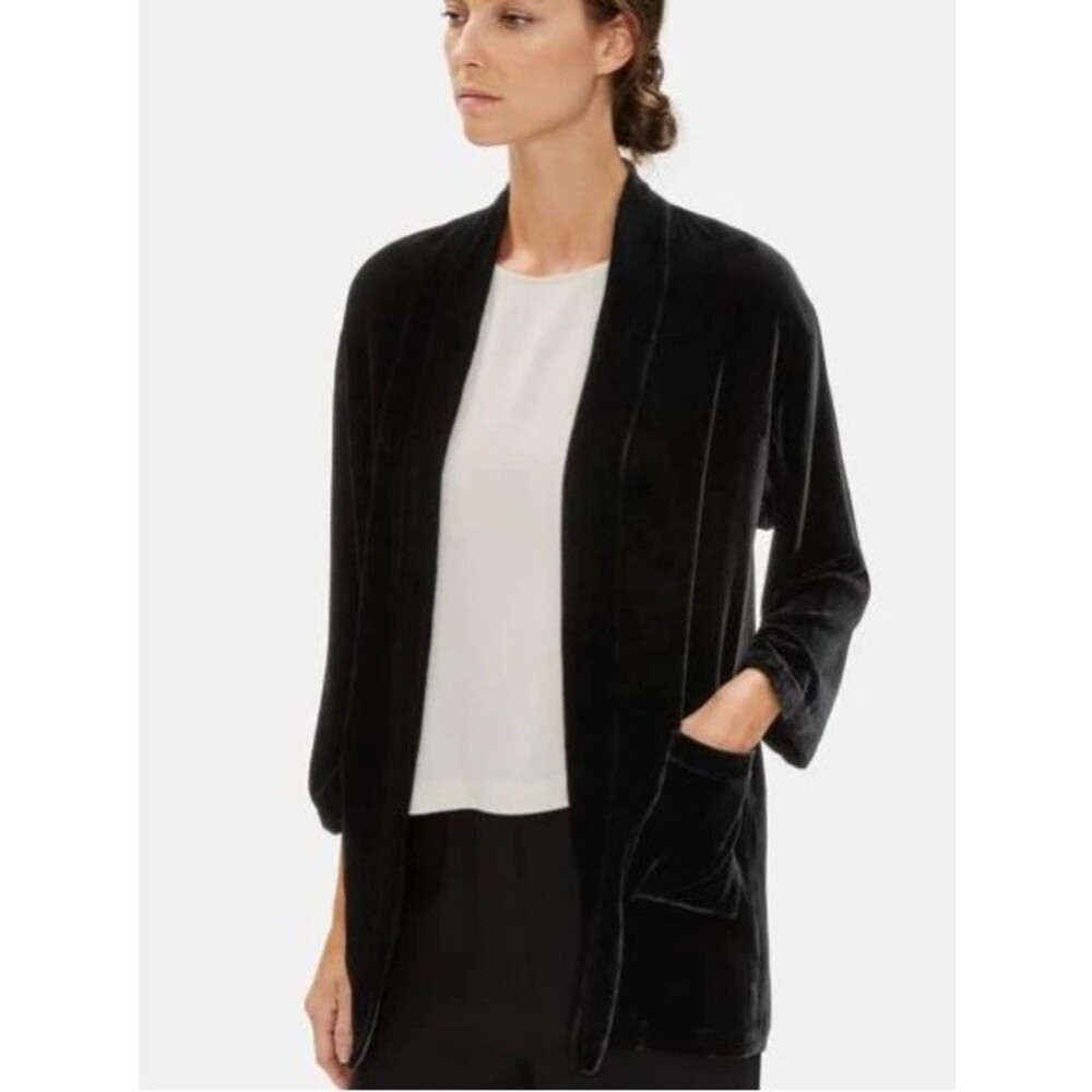 Eileen Fisher Velvet Kimono Open Front Jacket w/ Pockets | Black | Medium